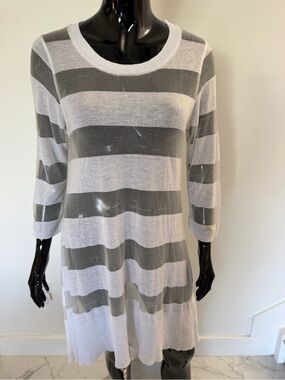 Lauren Vidal Sheer Knit Striped Tunic Sweater Dress Cream Silver
